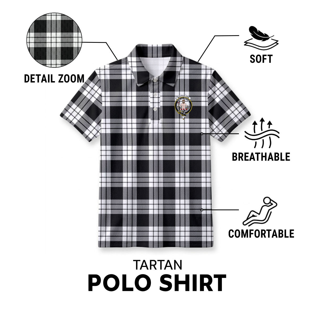 MacFarlane Black - White Tartan Crest Birdseye Mesh Polo Shirt
