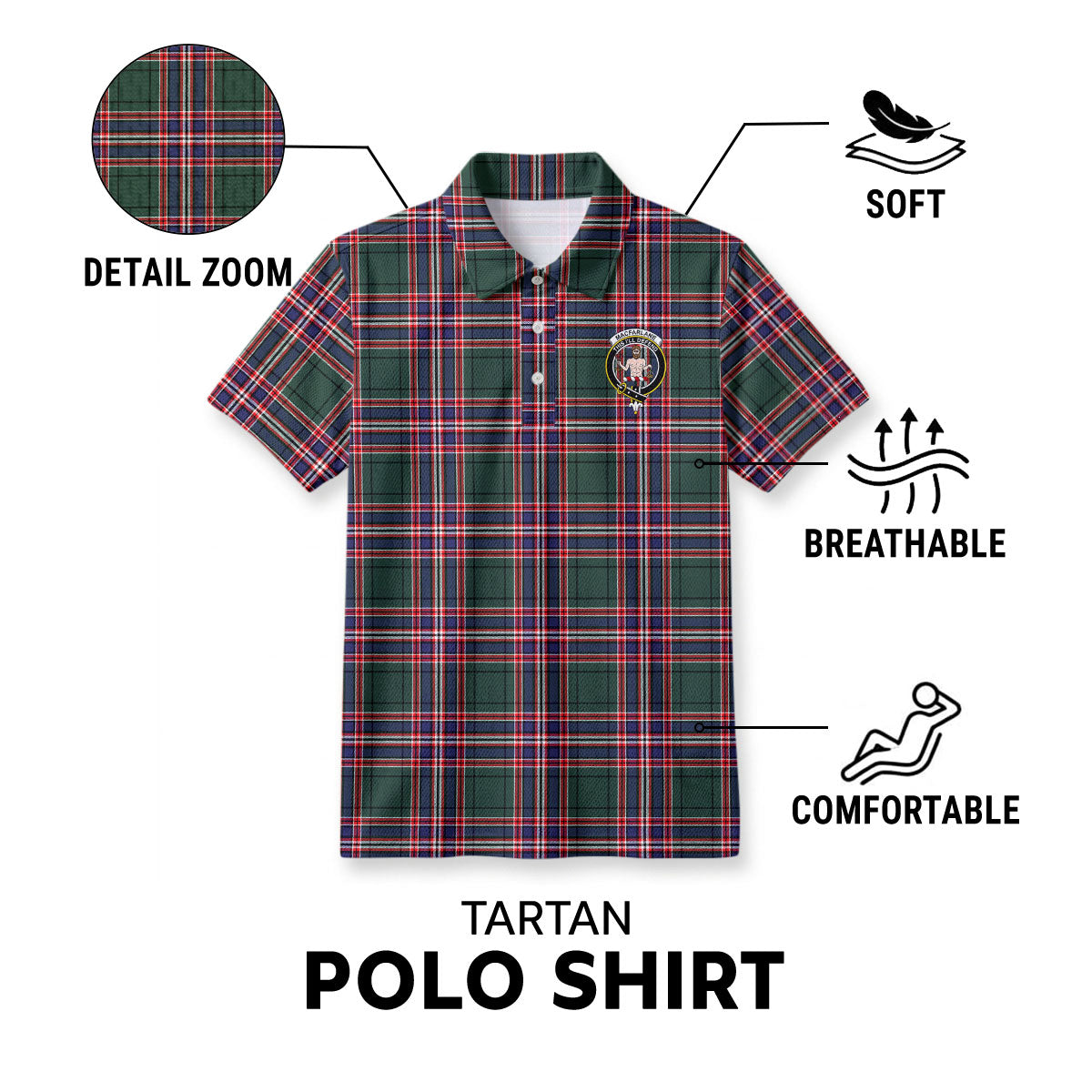 MacFarlane Hunting Modern Tartan Crest Birdseye Mesh Polo Shirt