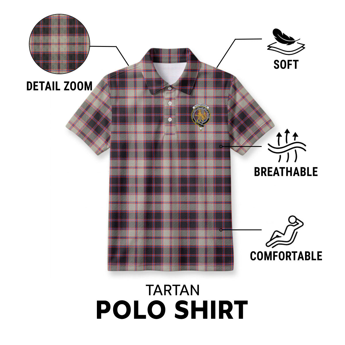 MacPherson Hunting Ancient Tartan Crest Birdseye Mesh Polo Shirt