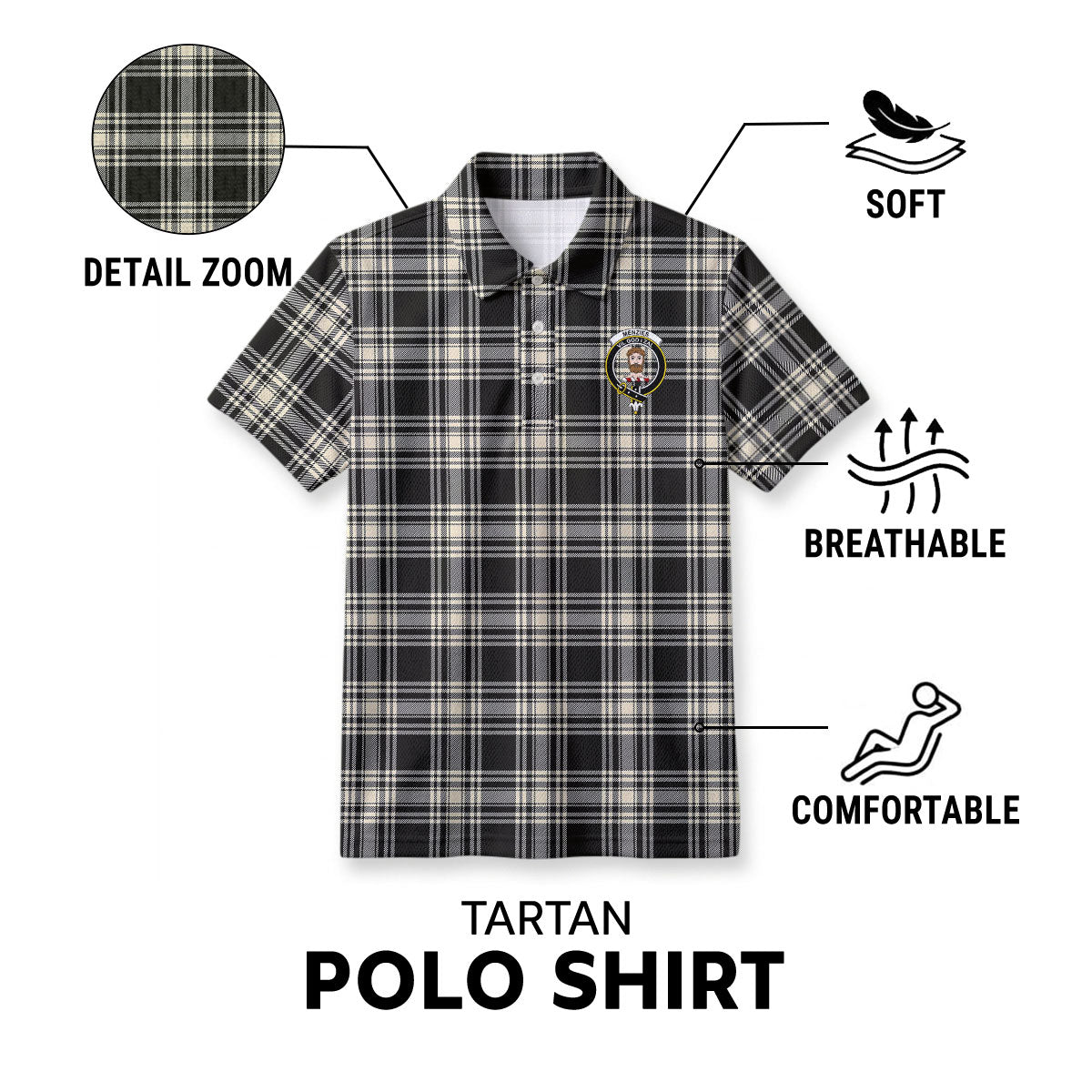 Menzies Black - White Ancient Tartan Crest Birdseye Mesh Polo Shirt