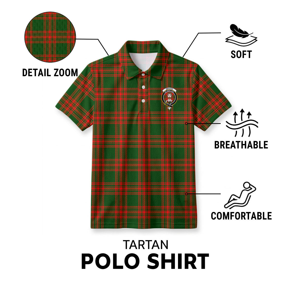 Menzies Green Modern Tartan Crest Birdseye Mesh Polo Shirt