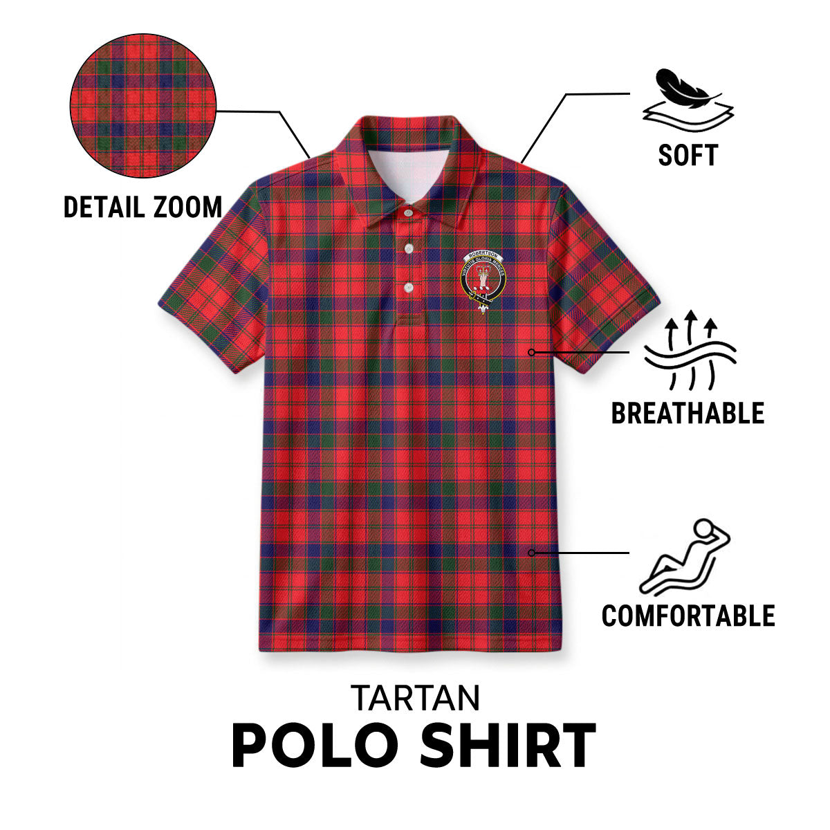 Robertson Modern Tartan Crest Birdseye Mesh Polo Shirt