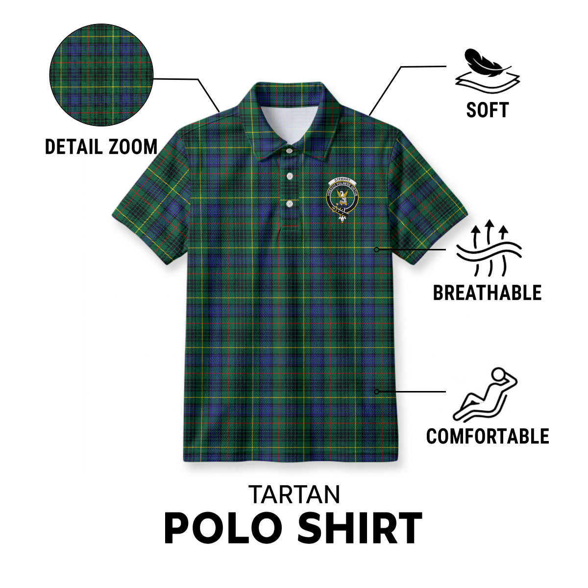 Stewart Hunting Modern Tartan Crest Birdseye Mesh Polo Shirt