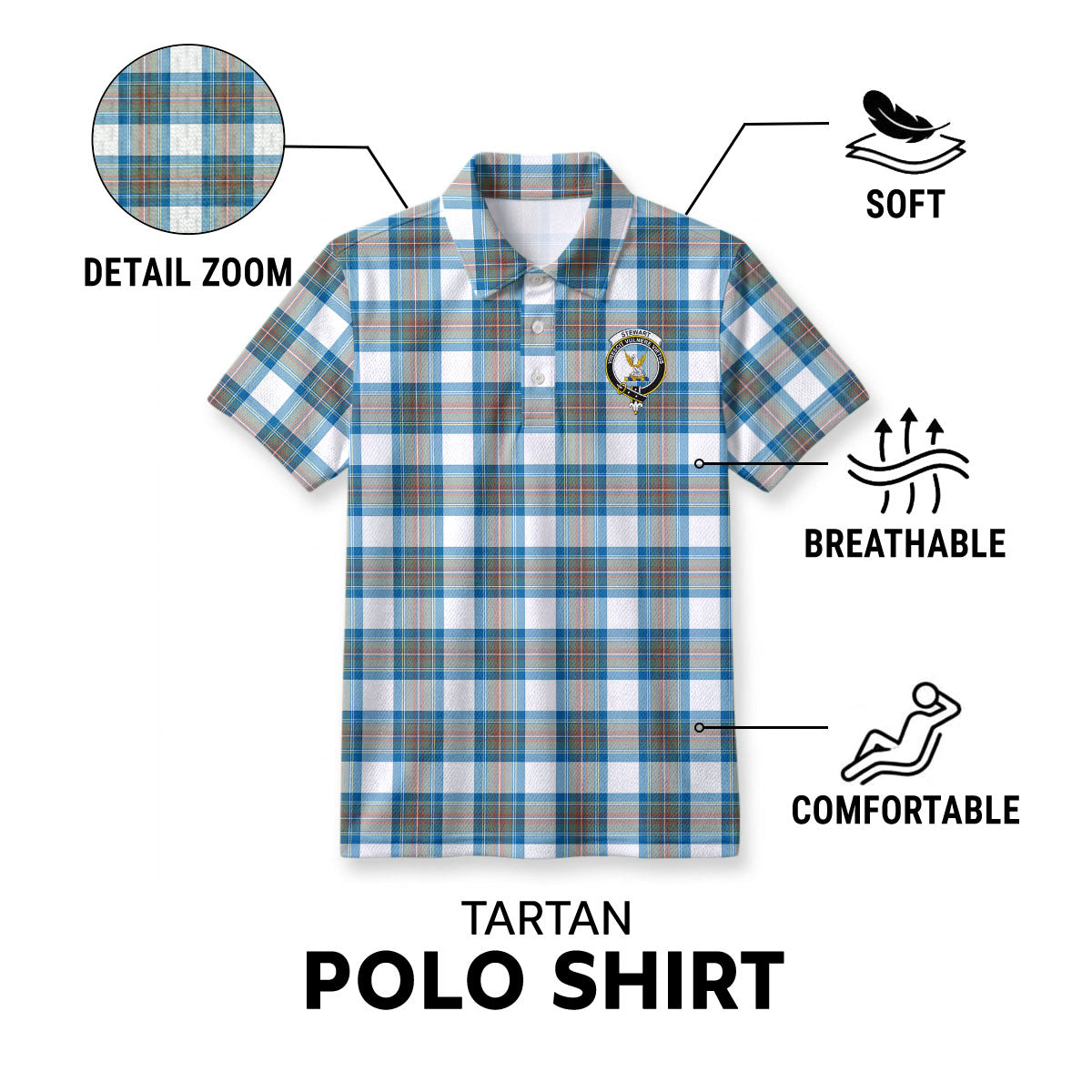 Stewart Muted Blue Tartan Crest Birdseye Mesh Polo Shirt