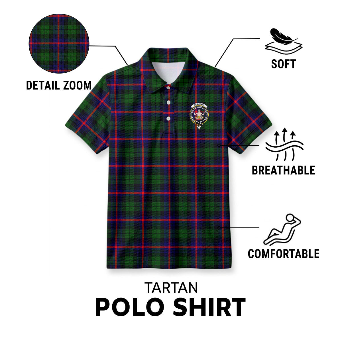 Urquhart Modern Tartan Crest Birdseye Mesh Polo Shirt