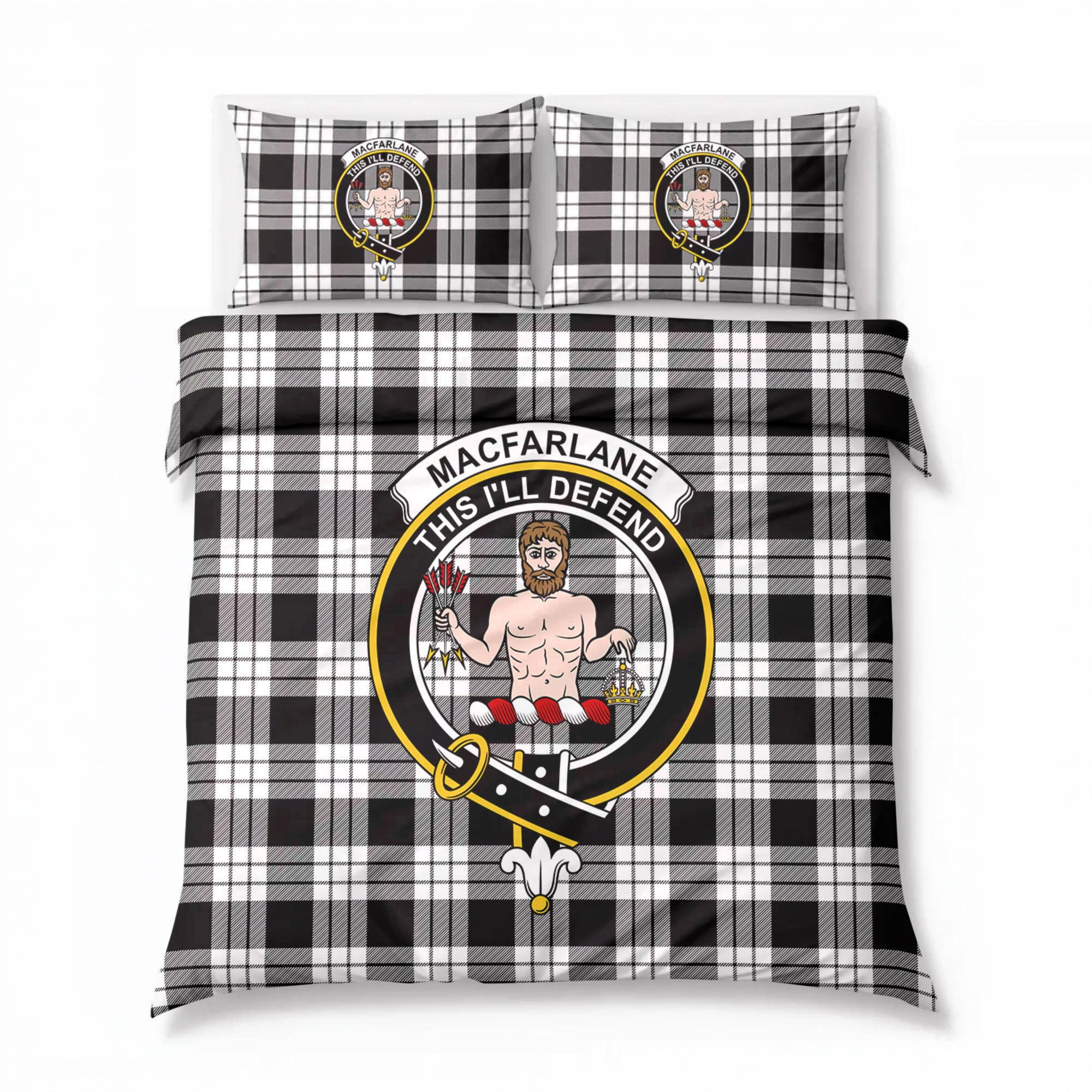 MacFarlane Black - White Tartan Crest Bedding Set