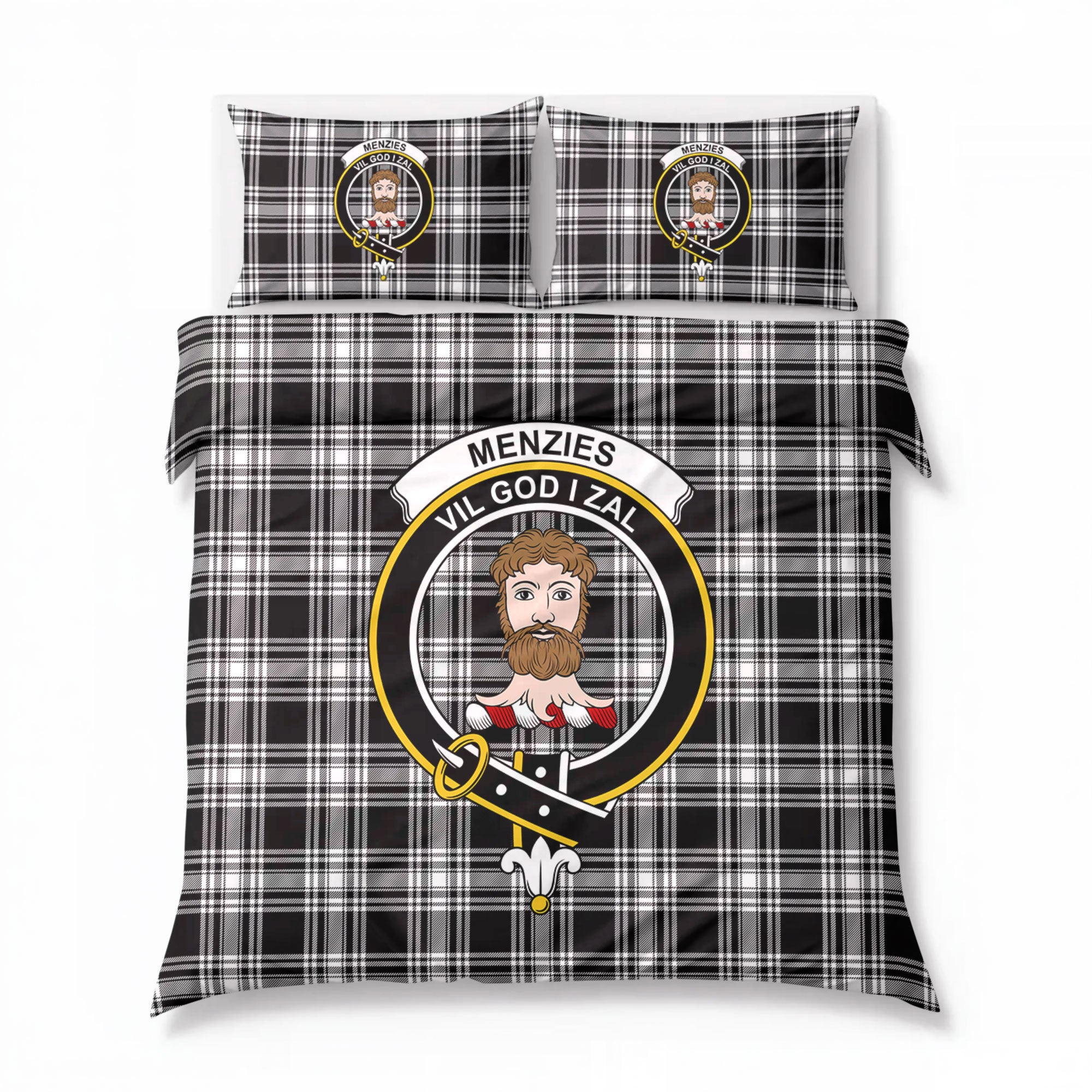 Menzies Black - White Modern Tartan Crest Bedding Set