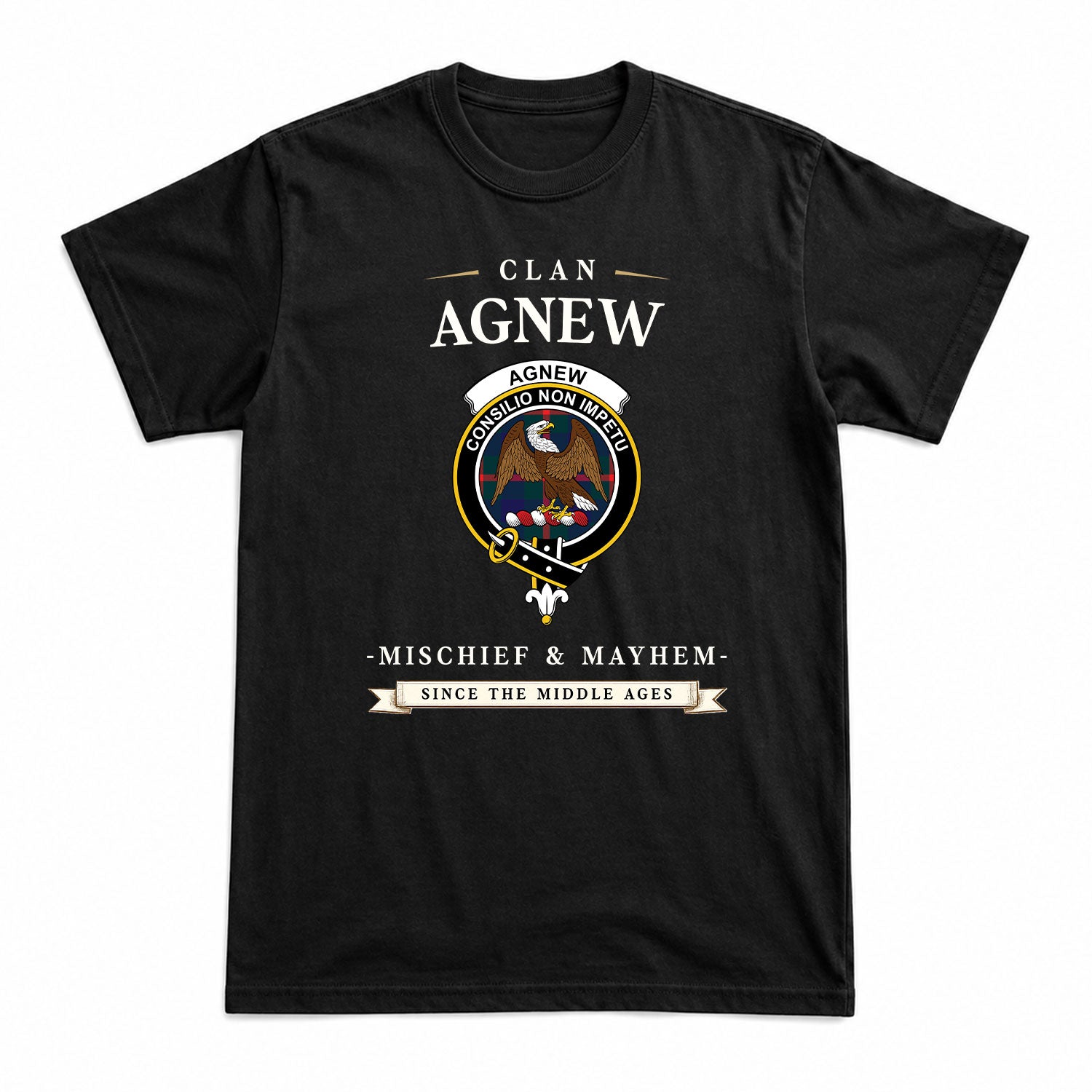 Agnew Modern Tartan Crest Mischief and Mayhem T-shirt