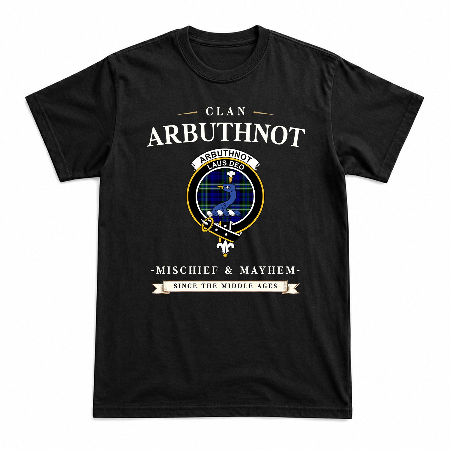 Arbuthnot Modern Tartan Crest Mischief and Mayhem T-shirt