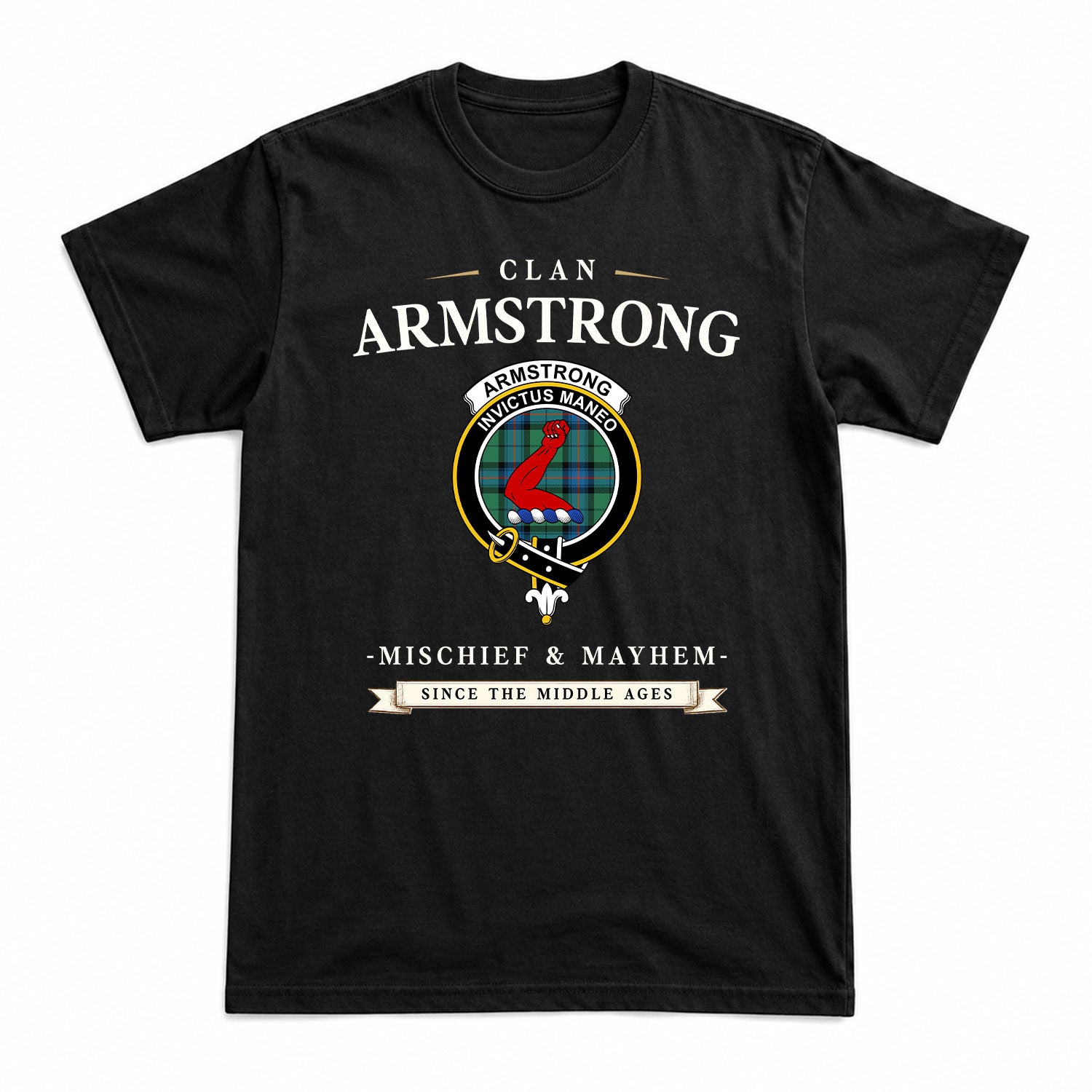Armstrong Ancient Tartan Crest Mischief and Mayhem T-shirt