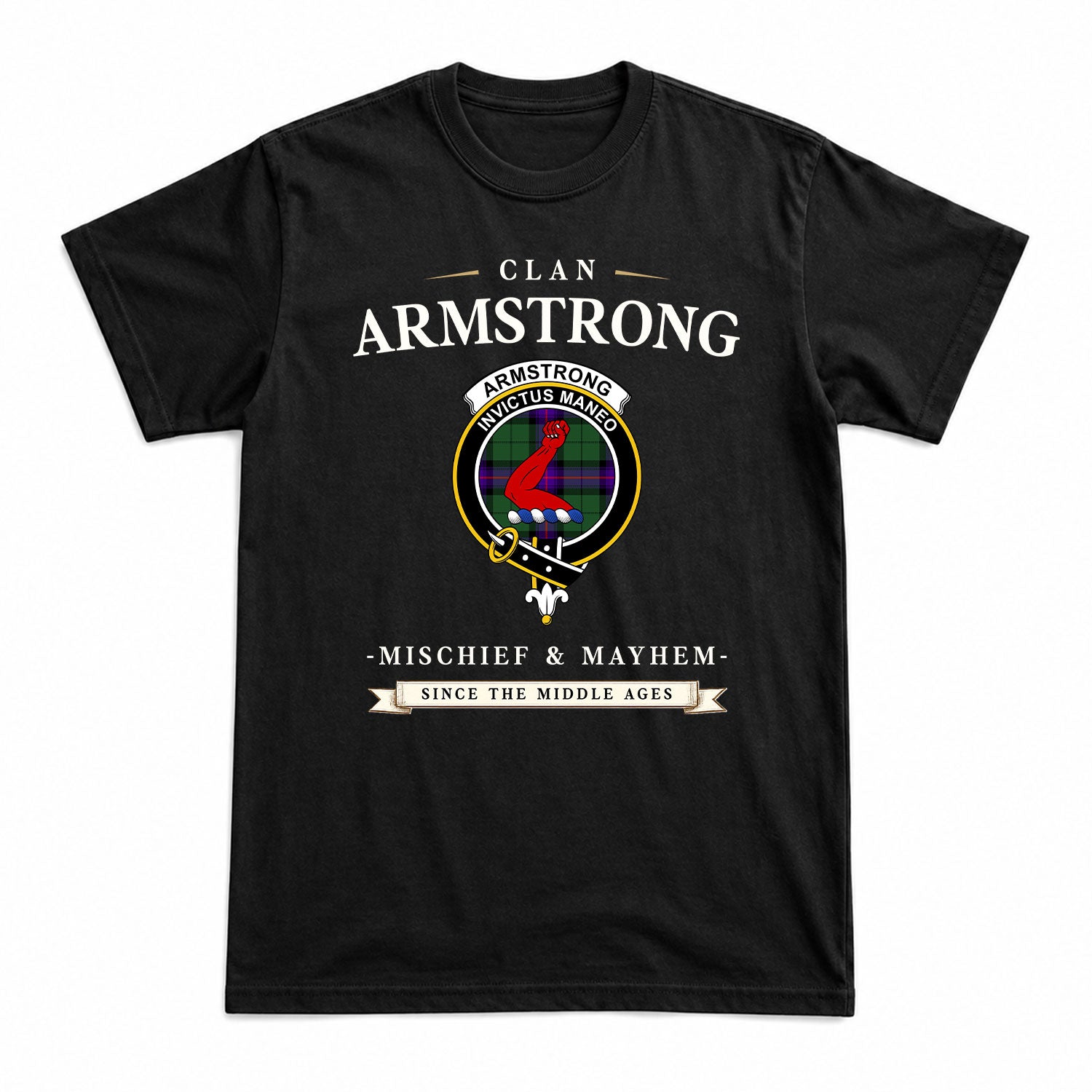 Armstrong Modern Tartan Crest Mischief and Mayhem T-shirt