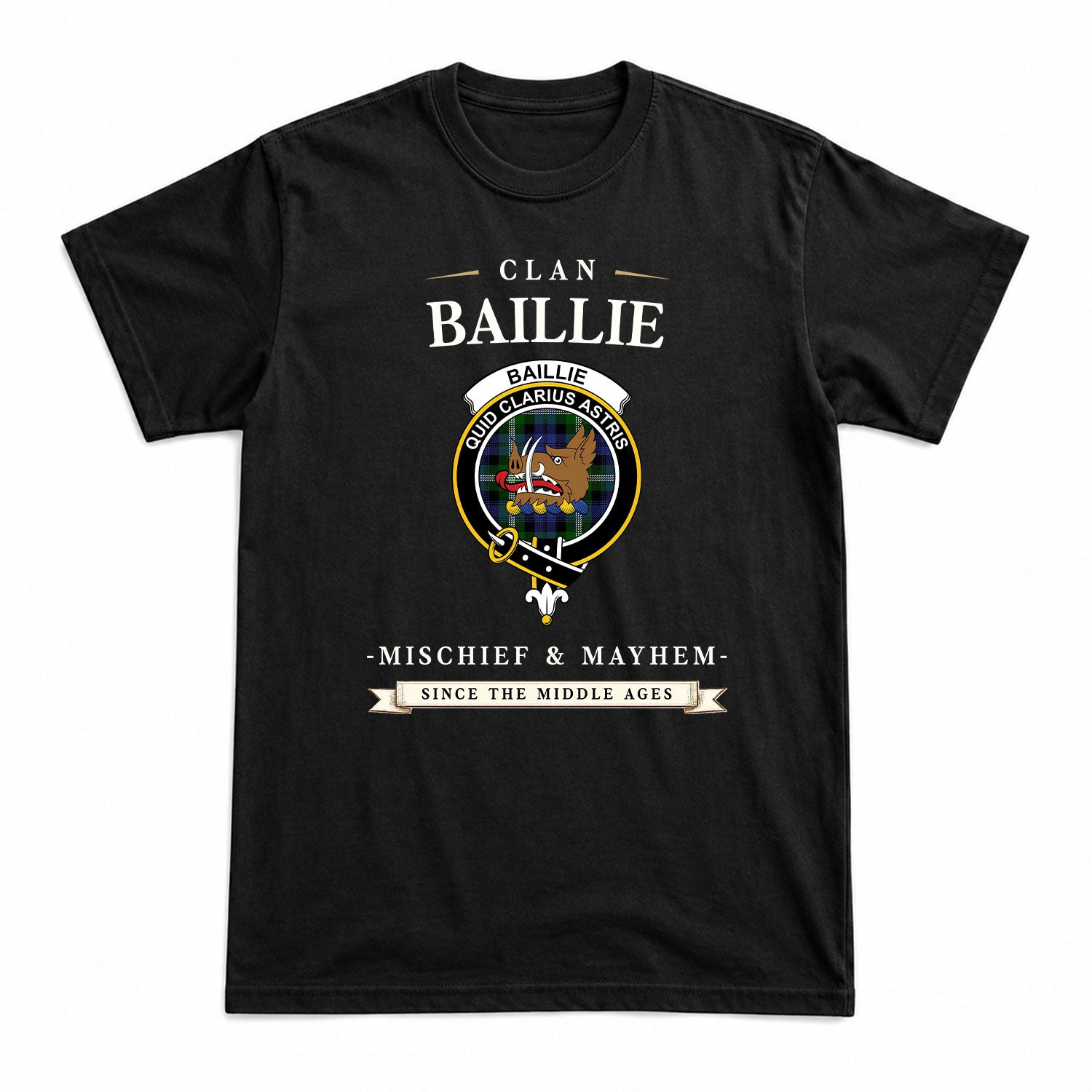 Baillie Modern Tartan Crest Mischief and Mayhem T-shirt