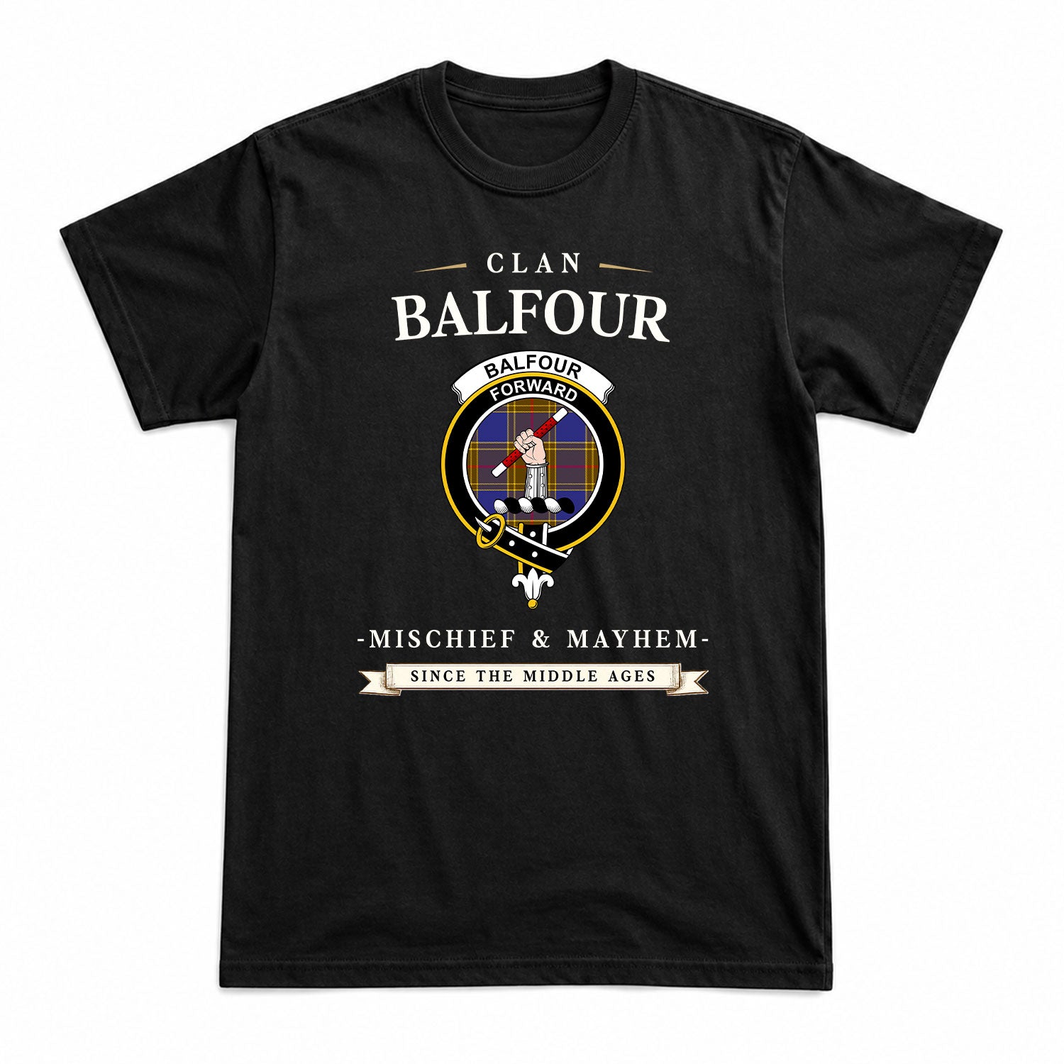 Balfour Modern Tartan Crest Mischief and Mayhem T-shirt