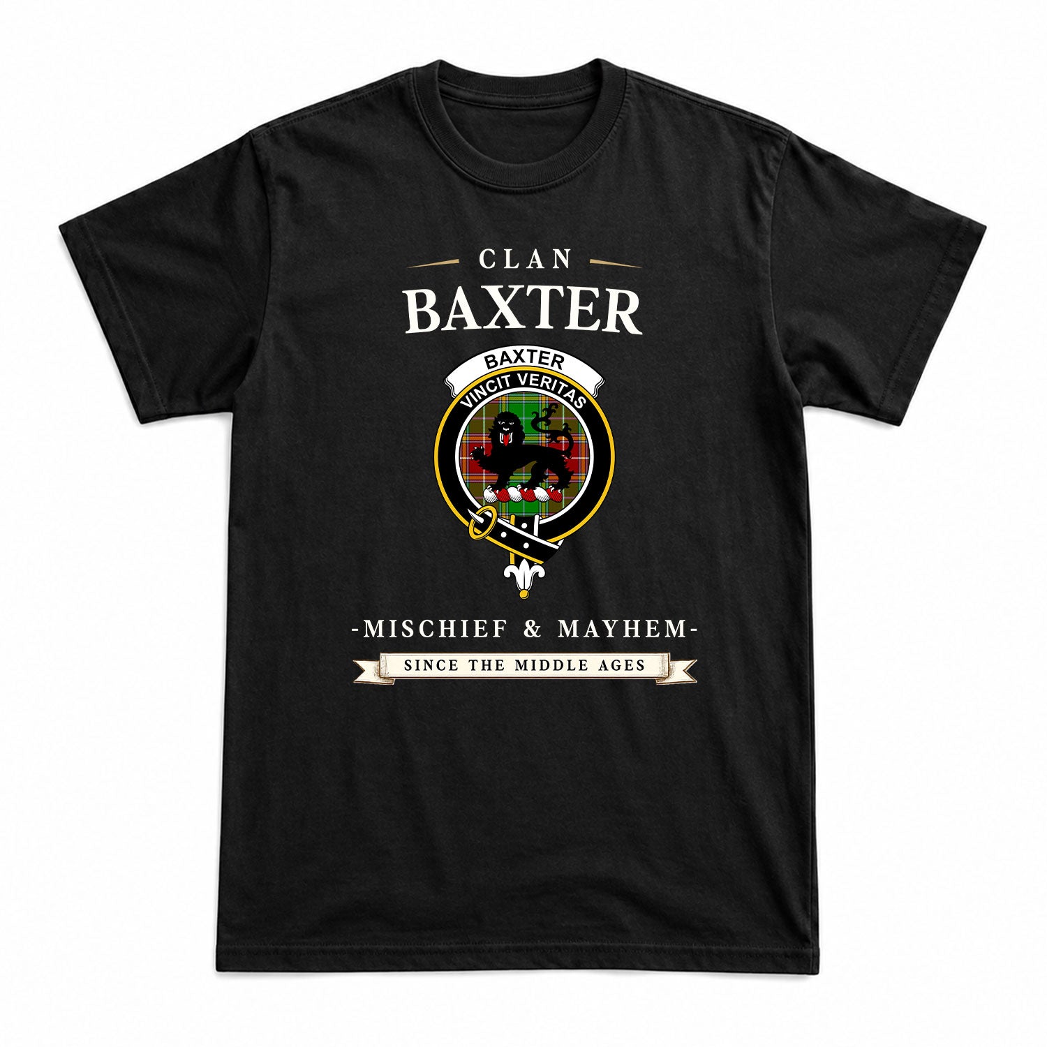 Baxter Modern Tartan Crest Mischief and Mayhem T-shirt