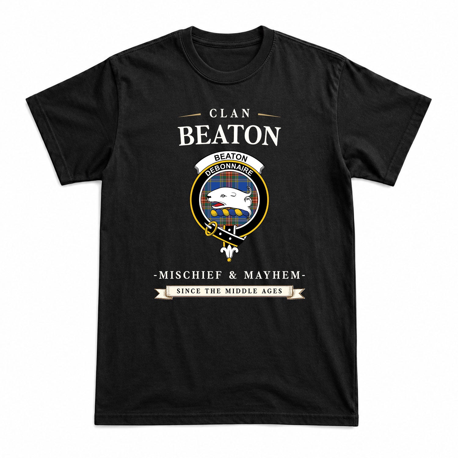 Beaton Ancient Tartan Crest Mischief and Mayhem T-shirt