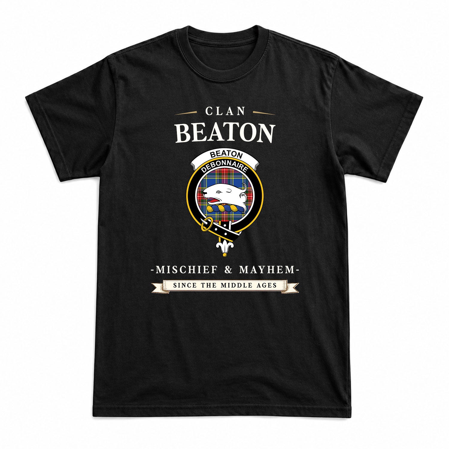 Beaton Modern Tartan Crest Mischief and Mayhem T-shirt