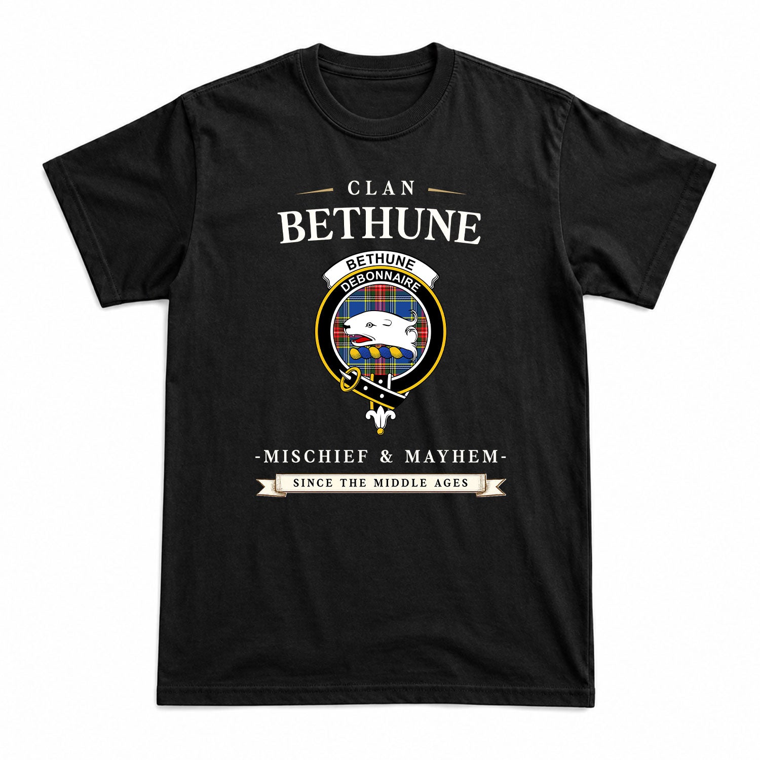 Bethune Modern Tartan Crest Mischief and Mayhem T-shirt