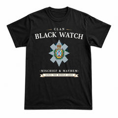 Black Watch Ancient Tartan Crest Mischief and Mayhem T-shirt