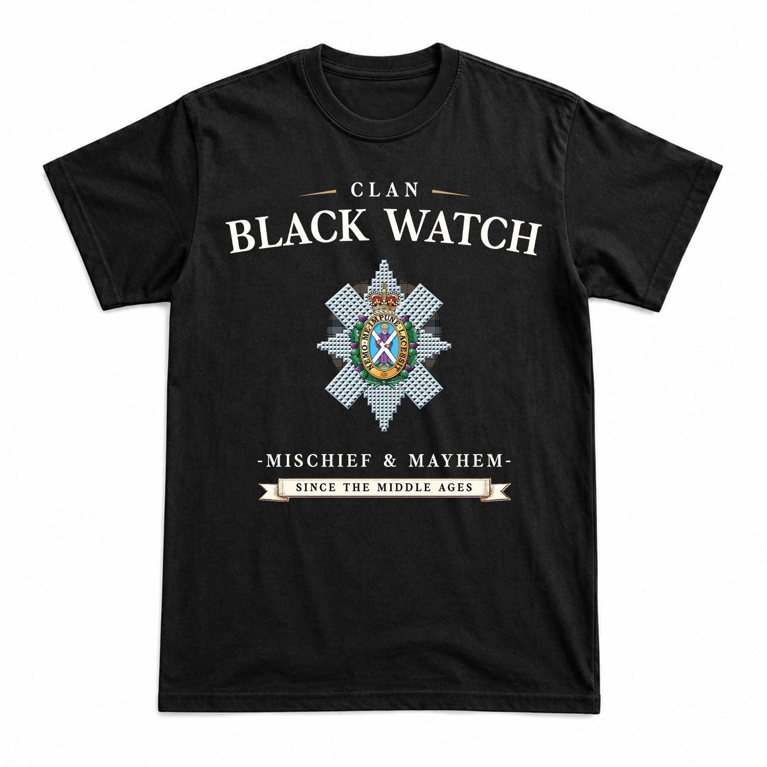 Black Watch Weathered Tartan Crest Mischief and Mayhem T-shirt