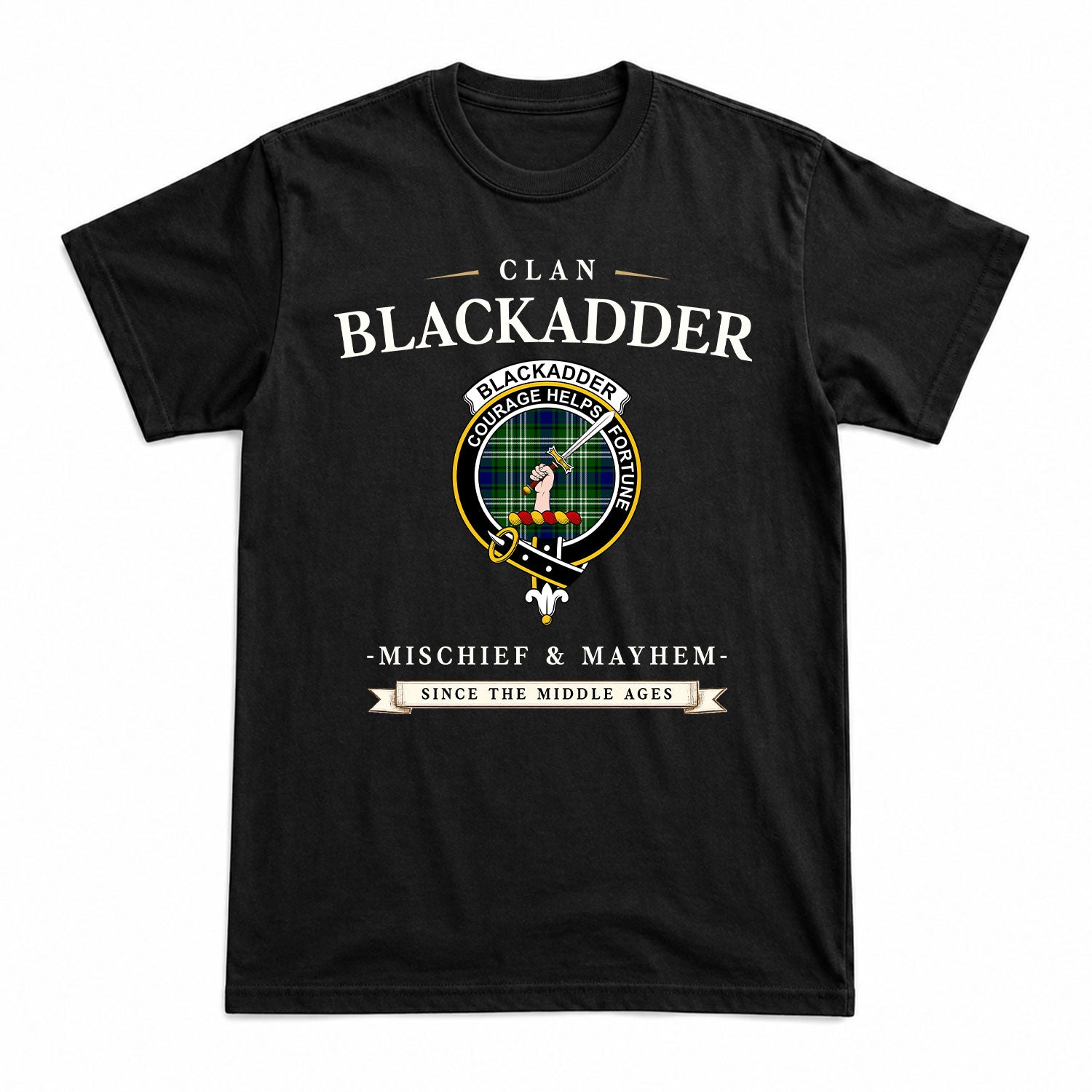 Blackadder Tartan Crest Mischief and Mayhem T-shirt