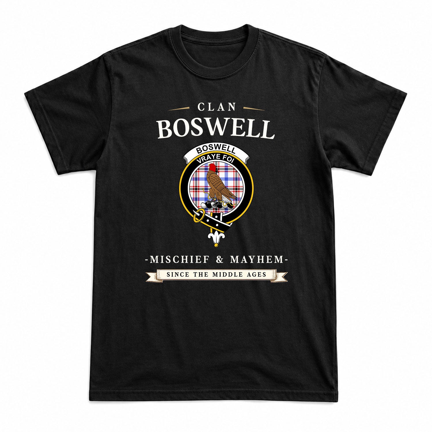 Boswell Modern Tartan Crest Mischief and Mayhem T-shirt