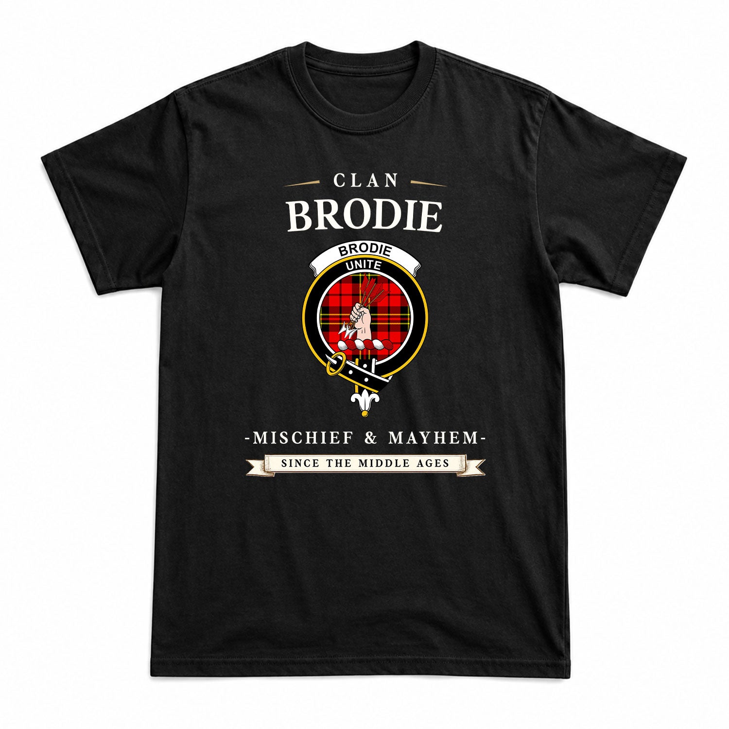 Brodie Modern Tartan Crest Mischief and Mayhem T-shirt
