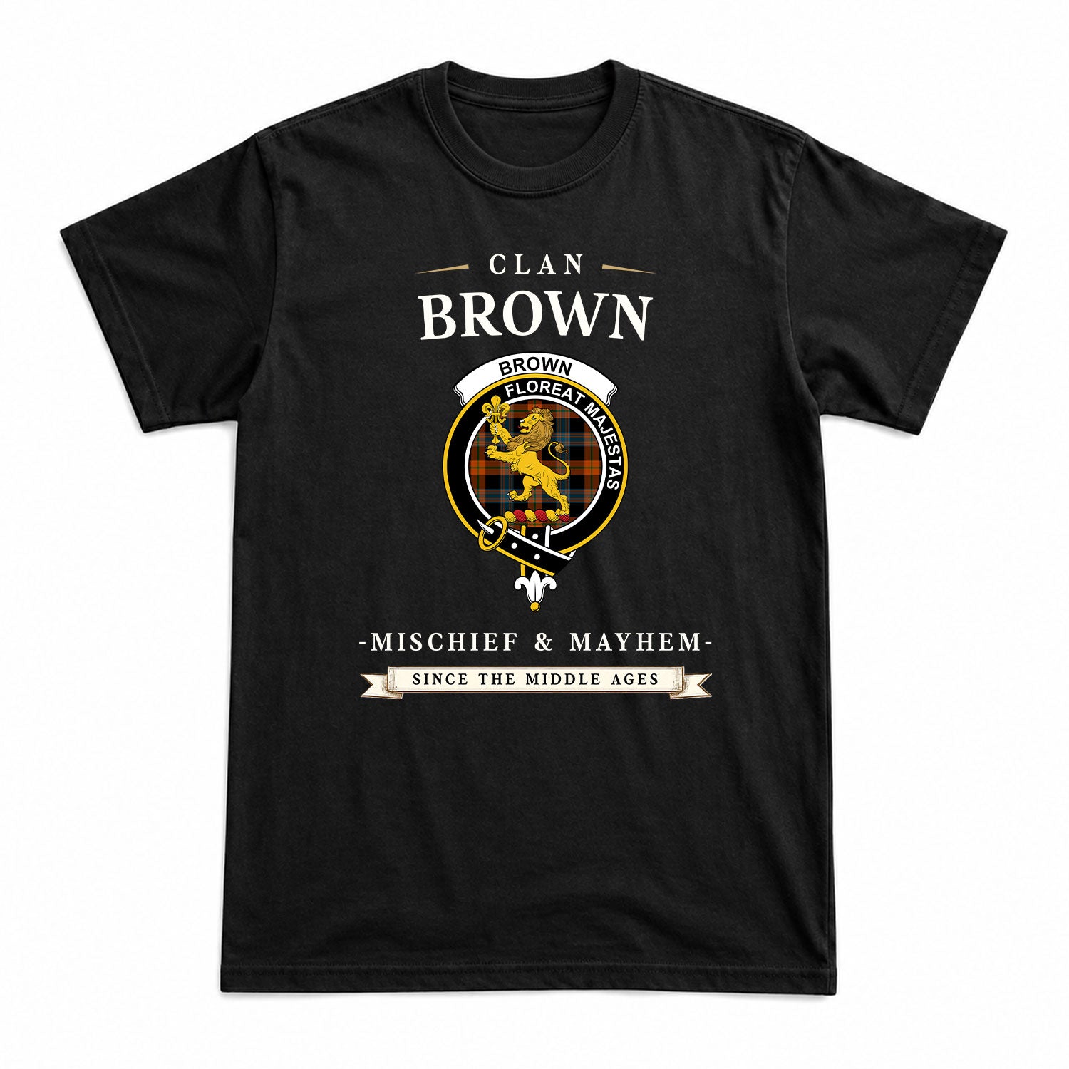 Brown Ancient Tartan Crest Mischief and Mayhem T-shirt