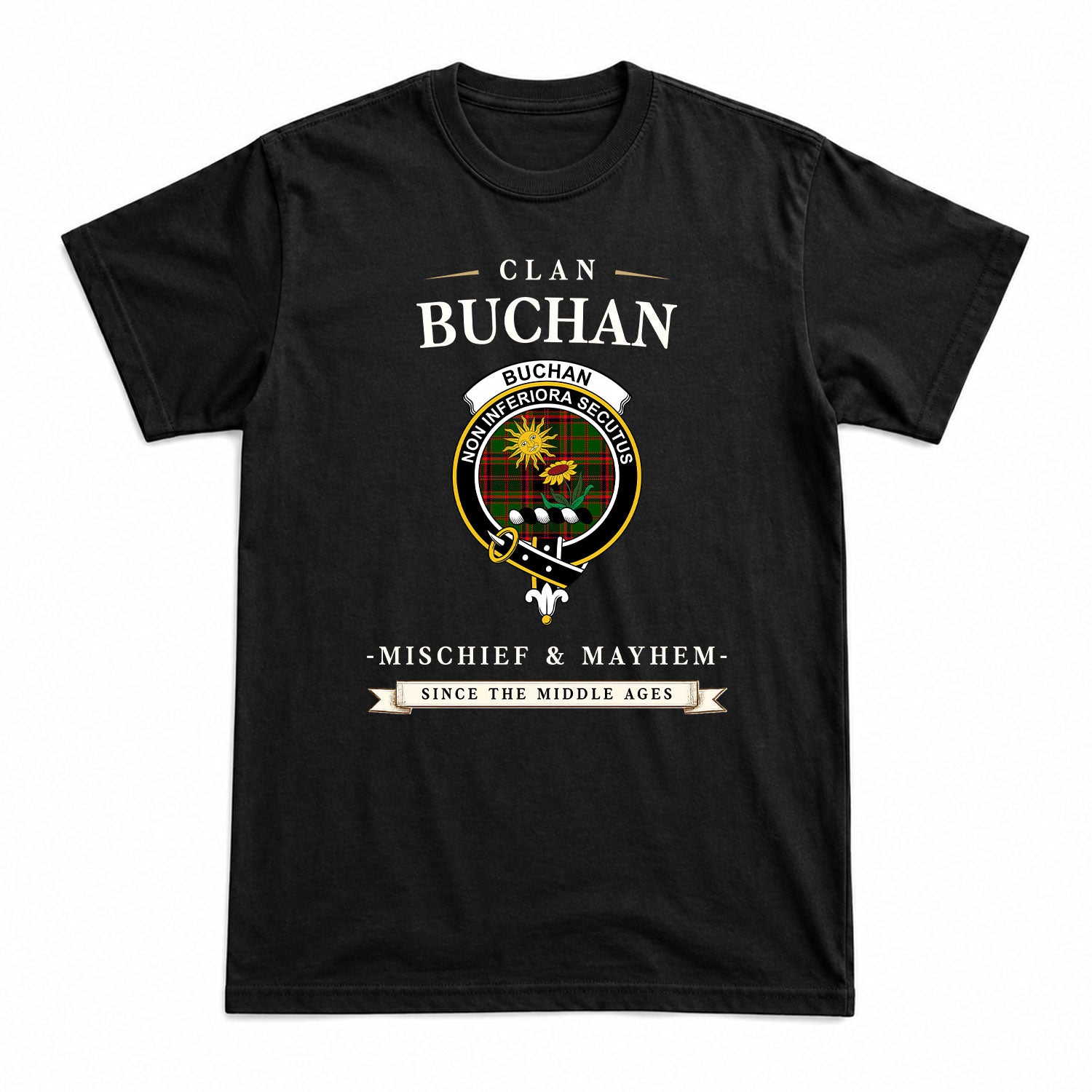 Buchan Modern Tartan Crest Mischief and Mayhem T-shirt