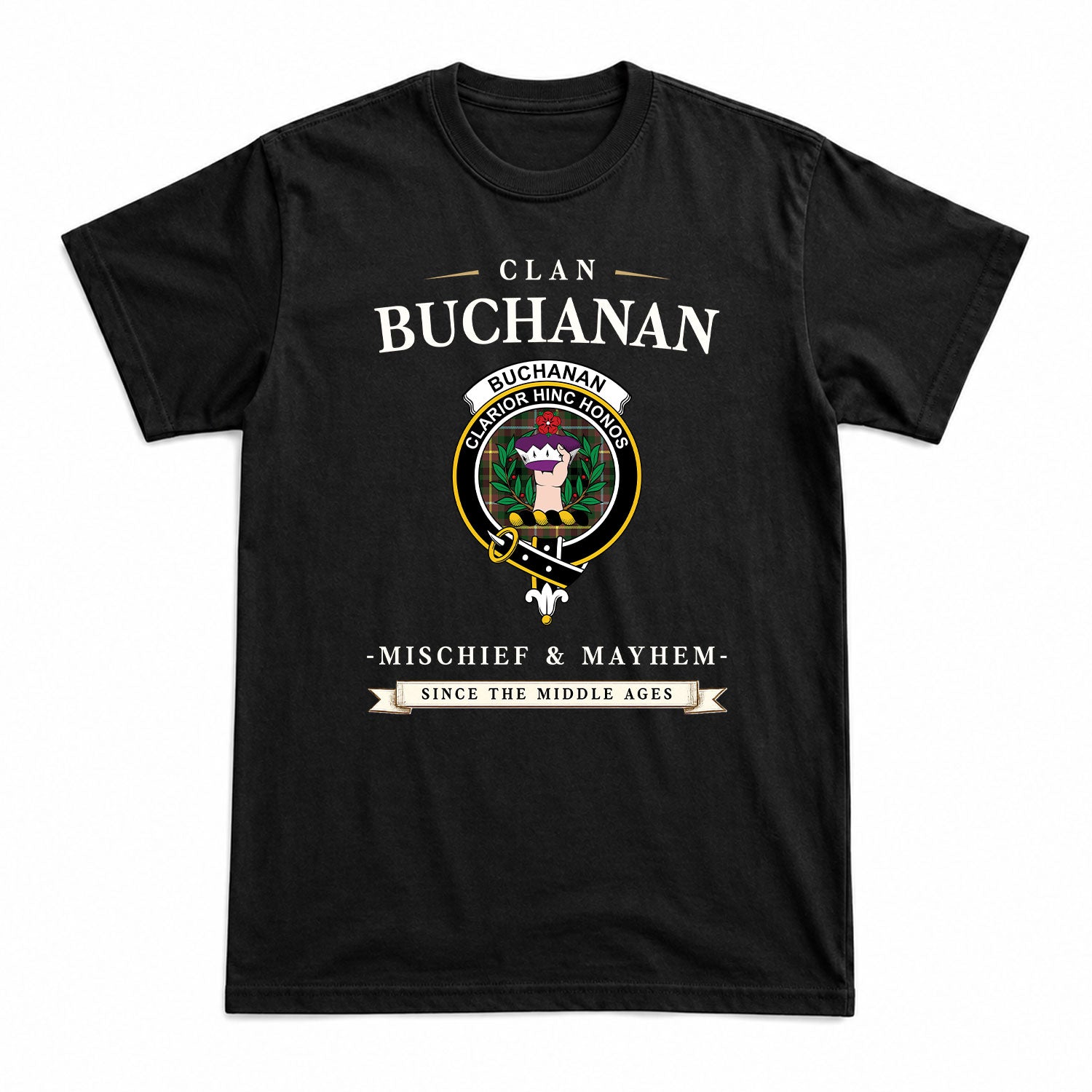 Buchanan Hunting Tartan Crest Mischief and Mayhem T-shirt