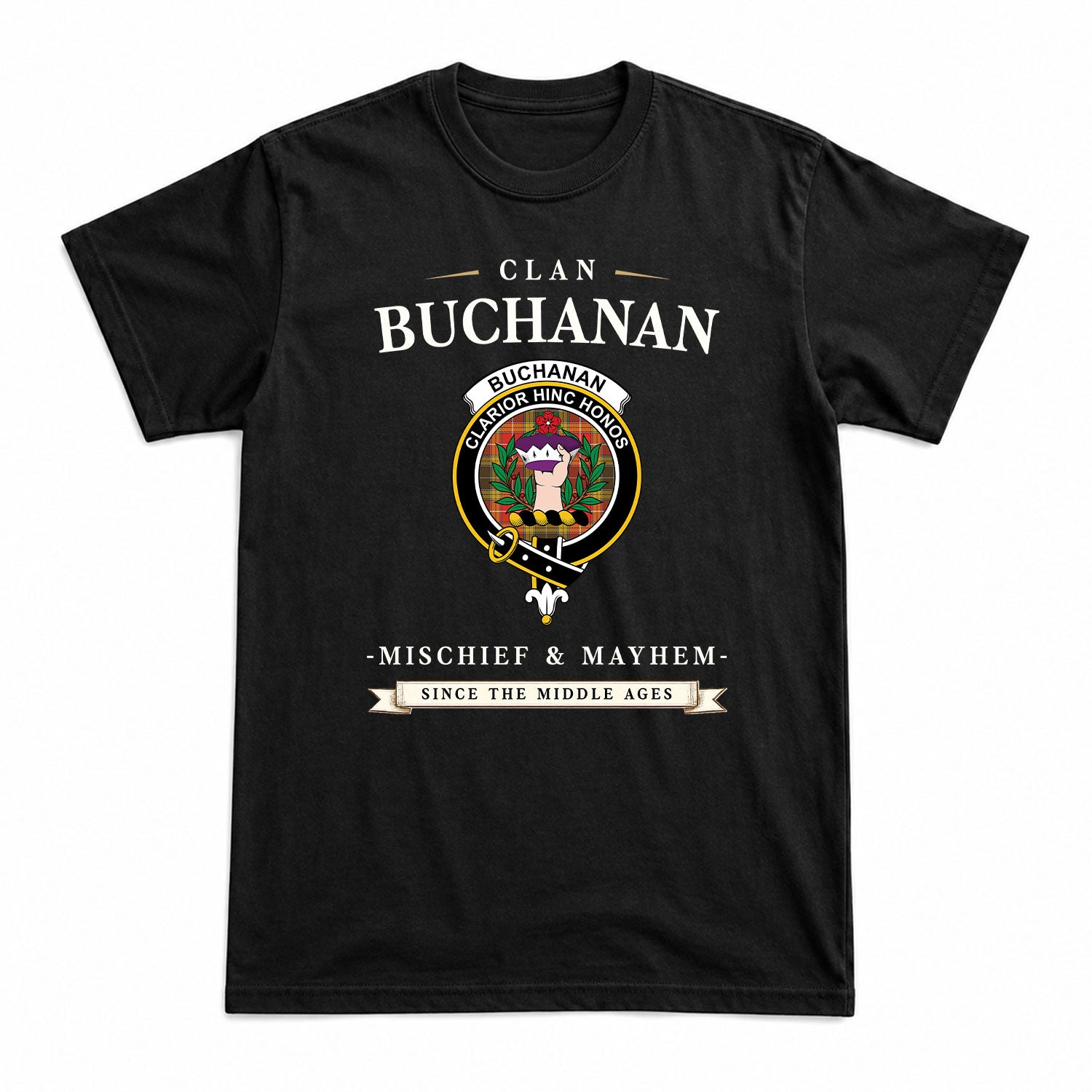 Buchanan Old Set Weathered Tartan Crest Mischief and Mayhem T-shirt