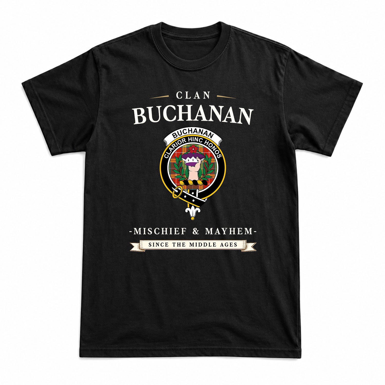Buchanan Old Sett Tartan Crest Mischief and Mayhem T-shirt