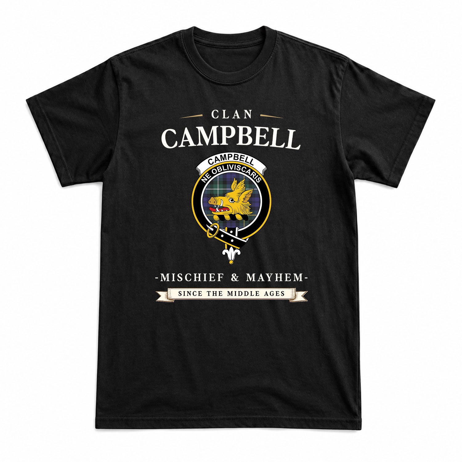 Campbell Argyll Modern Tartan Crest Mischief and Mayhem T-shirt