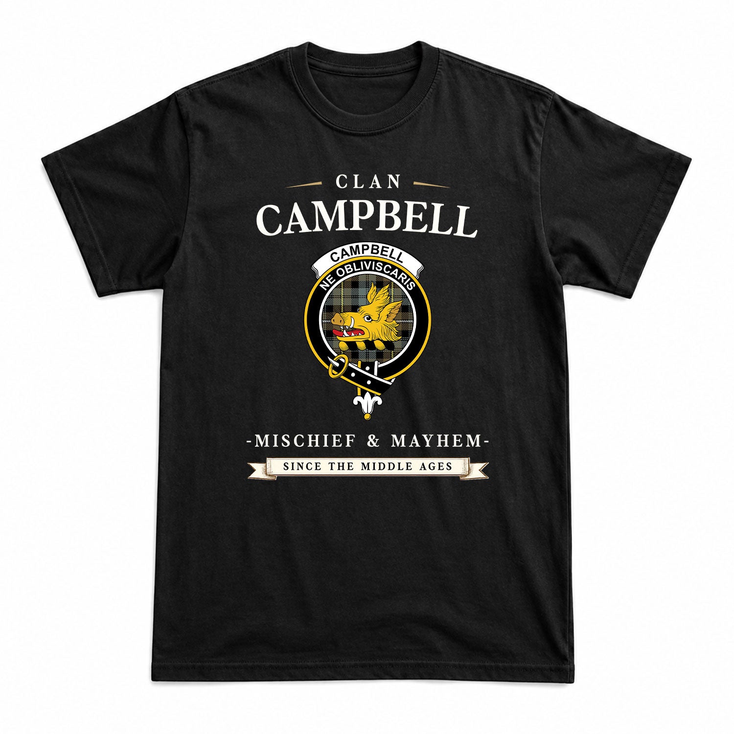 Campbell Argyll Weathered Tartan Crest Mischief and Mayhem T-shirt