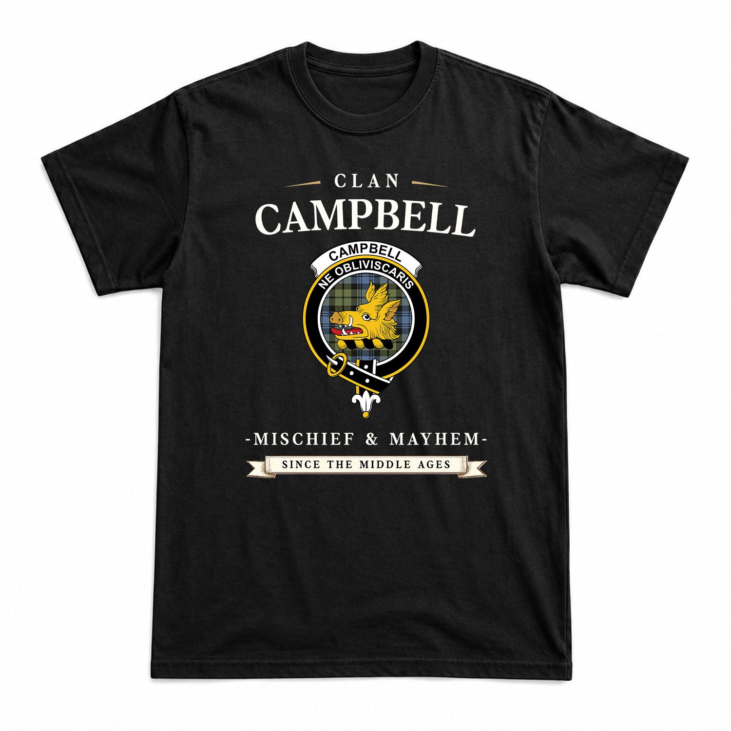 Campbell Faded Tartan Crest Mischief and Mayhem T-shirt