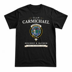 Carmichael Ancient Tartan Crest Mischief and Mayhem T-shirt