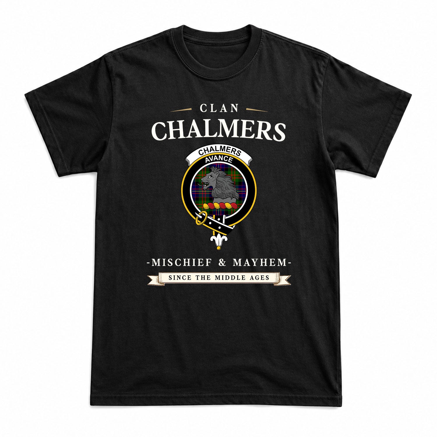 Chalmers Tartan Crest Mischief and Mayhem T-shirt
