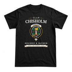Chisholm Hunting Ancient Tartan Crest Mischief and Mayhem T-shirt