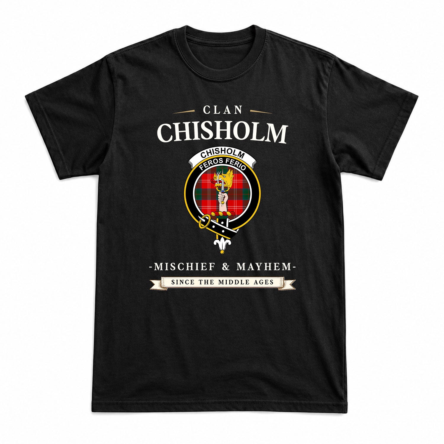 Chisholm Modern Tartan Crest Mischief and Mayhem T-shirt