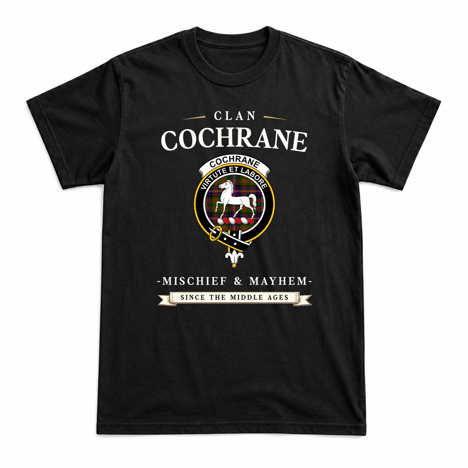 Cochrane Modern Tartan Crest Mischief and Mayhem T-shirt