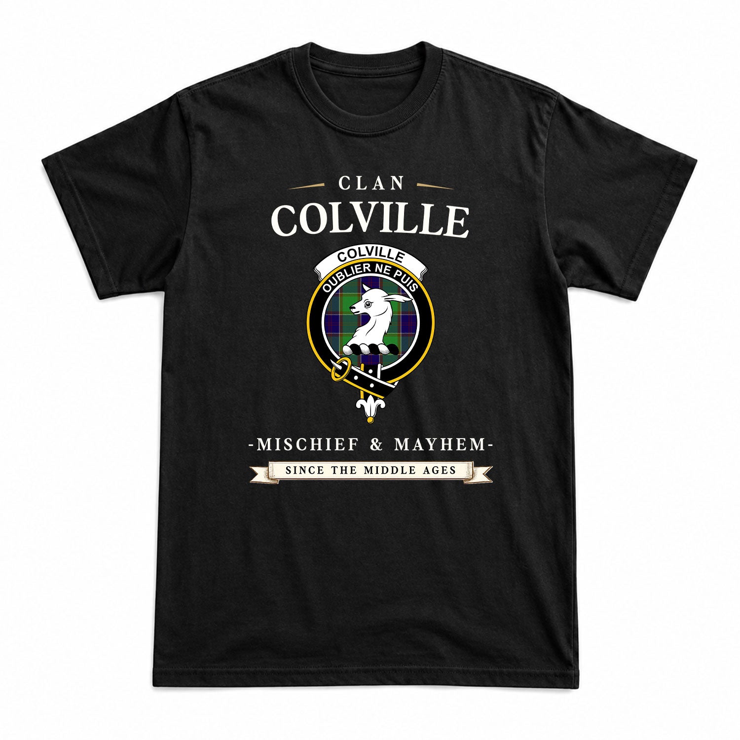 Colville Tartan Crest Mischief and Mayhem T-shirt