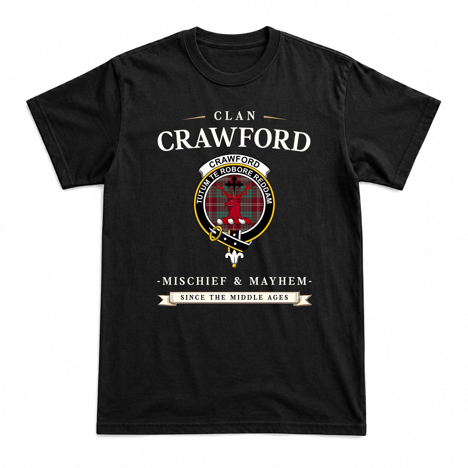 Crawford Modern Tartan Crest Mischief and Mayhem T-shirt