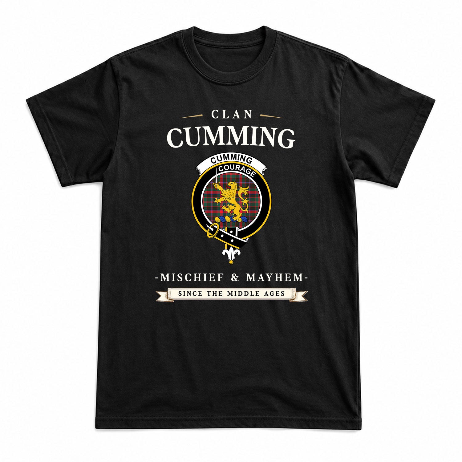 Cumming Hunting Modern Tartan Crest Mischief and Mayhem T-shirt