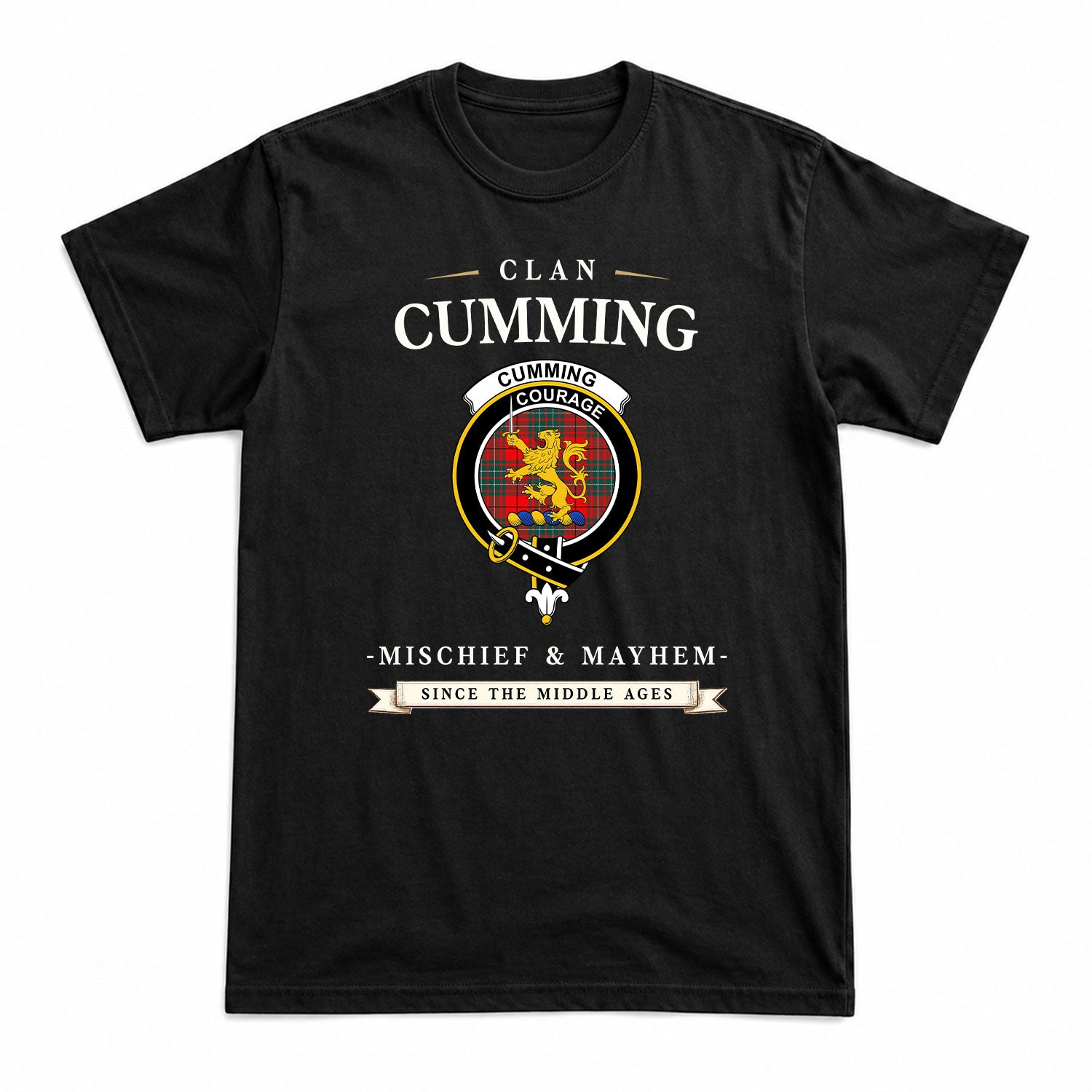 Cumming Modern Tartan Crest Mischief and Mayhem T-shirt