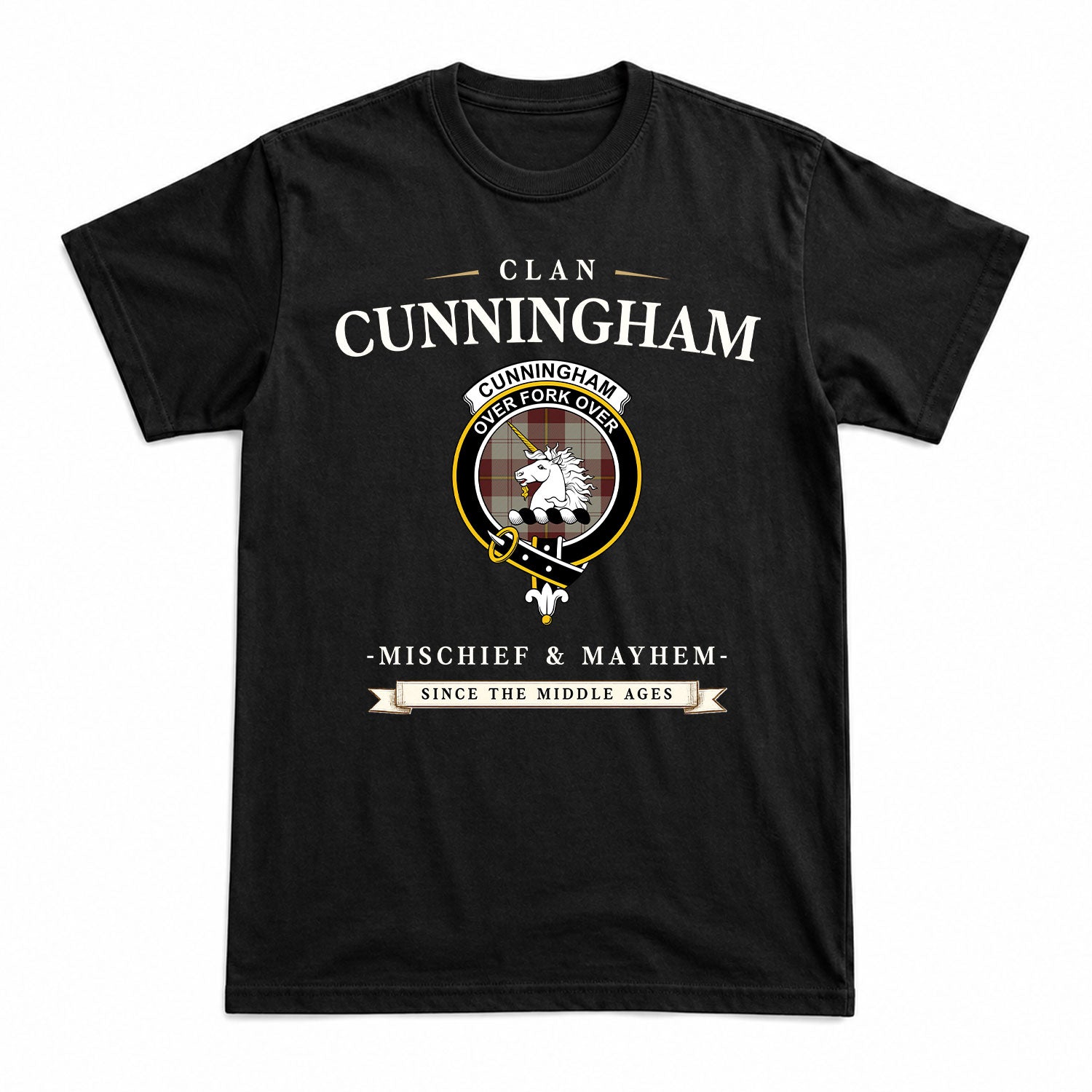 Cunningham Burgundy Dancers Tartan Crest Mischief and Mayhem T-shirt