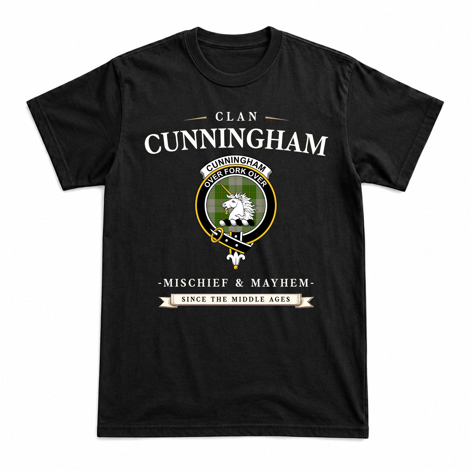 Cunningham Dress Green Dancers Tartan Crest Mischief and Mayhem T-shirt