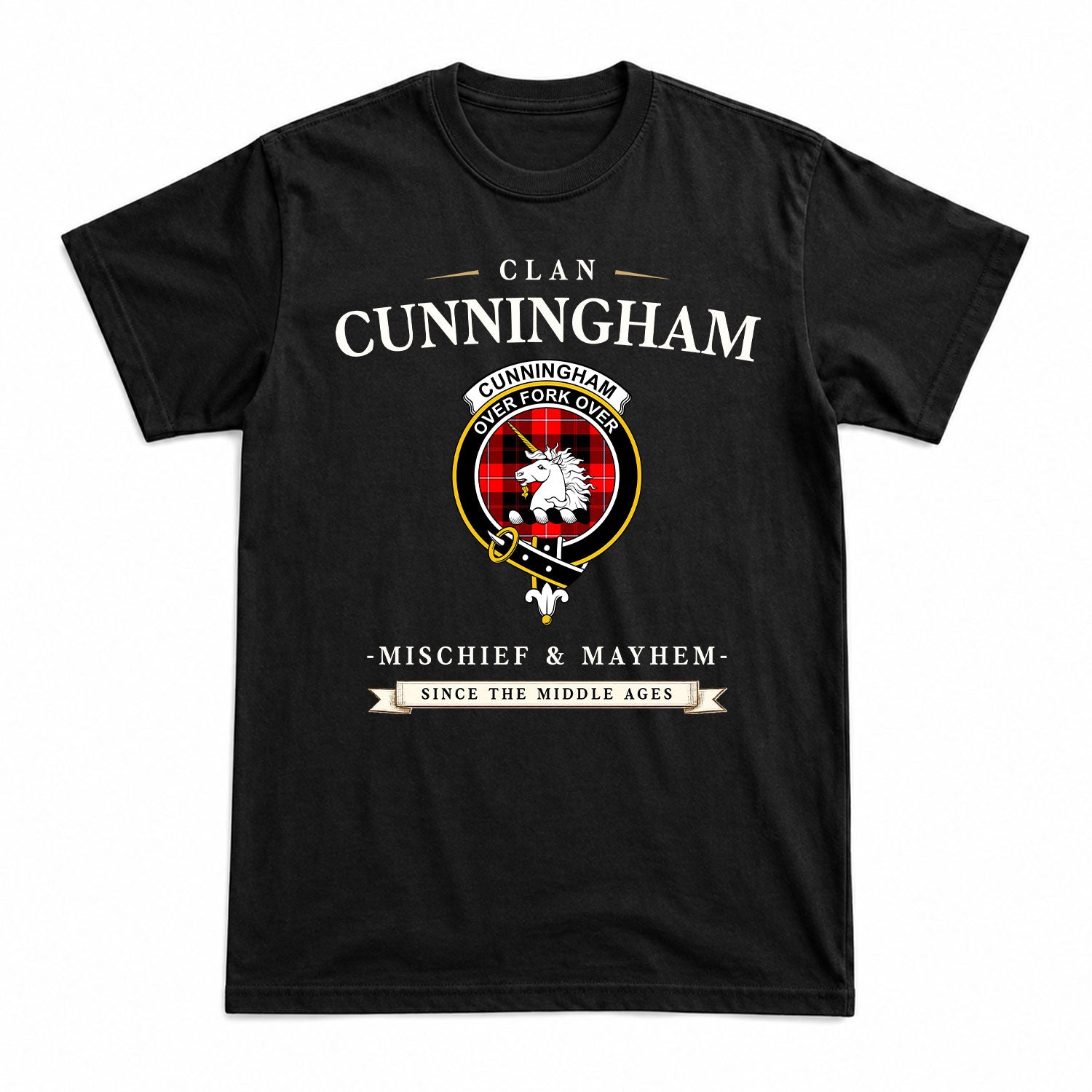 Cunningham Modern Tartan Crest Mischief and Mayhem T-shirt