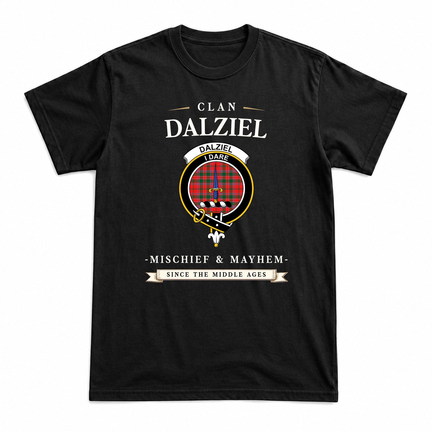 Dalziel Modern Tartan Crest Mischief and Mayhem T-shirt