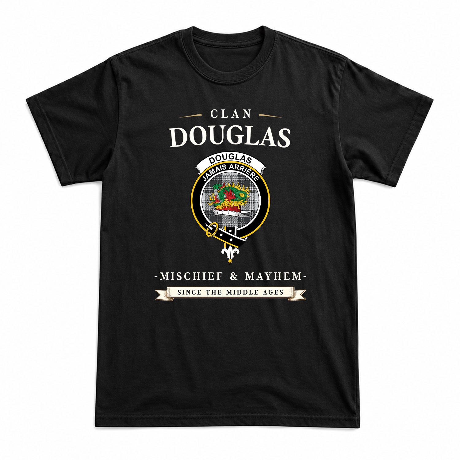Douglas Grey Modern Tartan Crest Mischief and Mayhem T-shirt