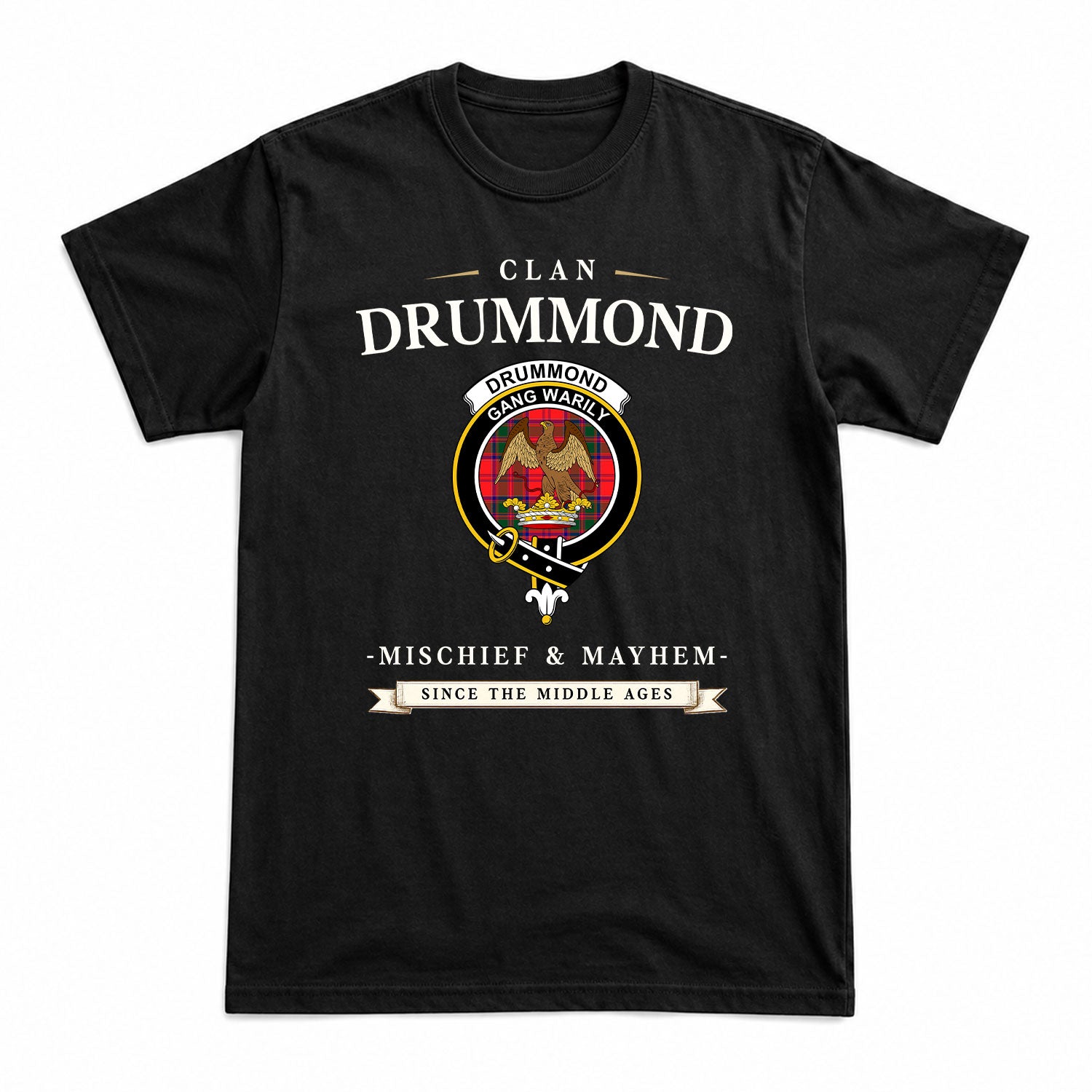 Drummond Modern Tartan Crest Mischief and Mayhem T-shirt
