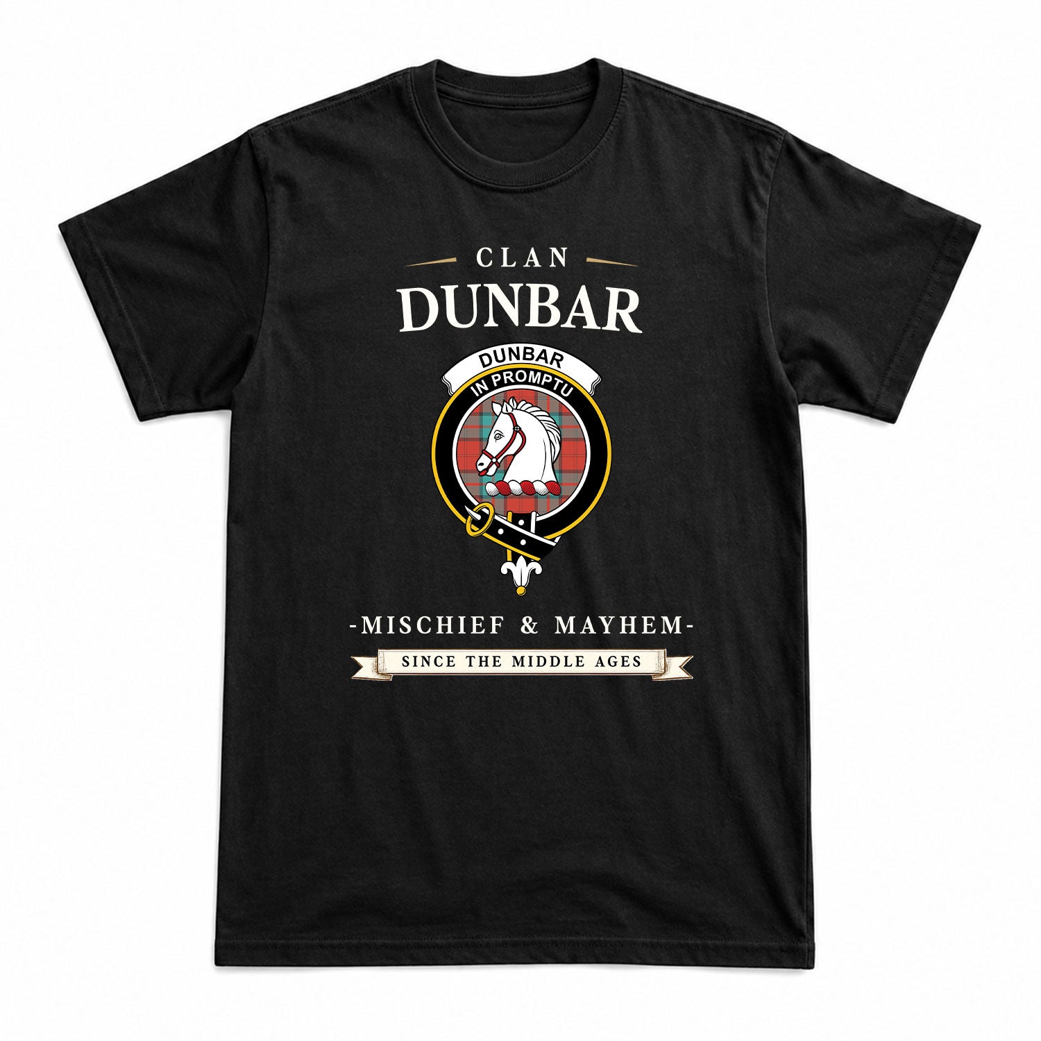 Dunbar Ancient Tartan Crest Mischief and Mayhem T-shirt
